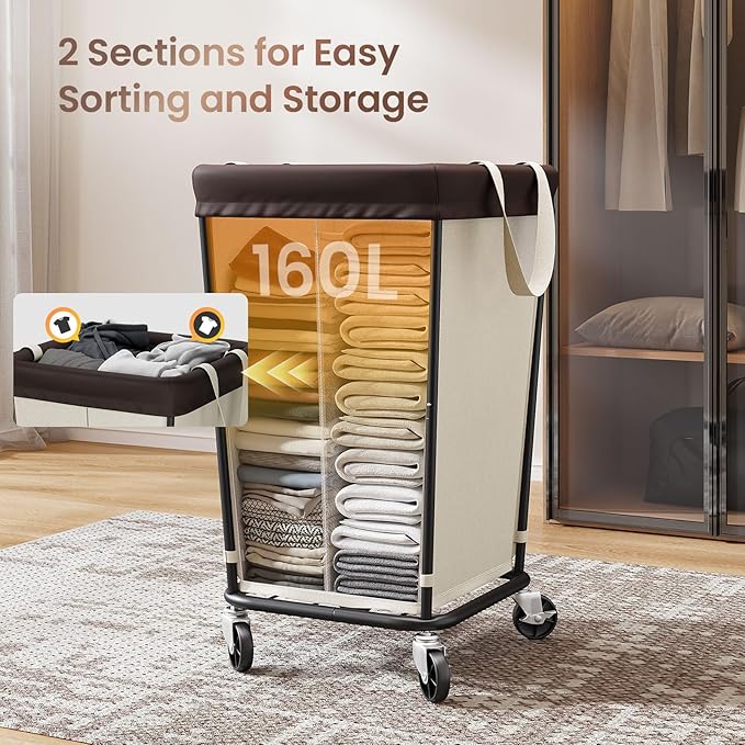 160L Laundry Basket with Wheels, 2-section Rolling Laundry Basket, Large Laundry Hamper with Wheels, Rolling Laundry Hamper Clothes Hamper for Home, Bathrooms and Dorm(Beige)