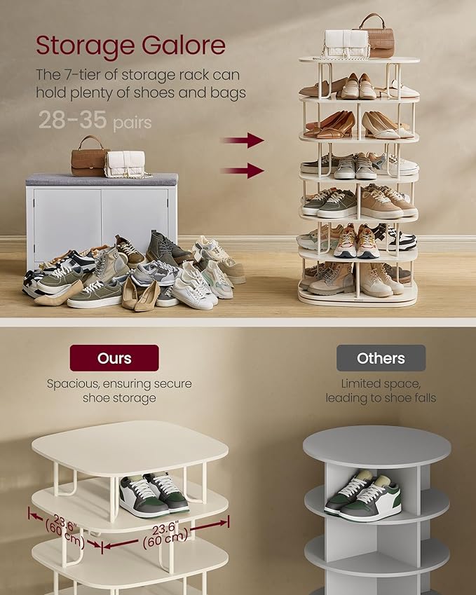 VASAGLE 7-Tier Shoe Rack, Rotating Shoe Rack Tower, Shoe Closet Organizer, Shoe Shelf, 28-35 Pairs, 23.6 x 23.6 x 47.2 Inches, for Entryway, Living Room, Closet, Cream White ULBS041W01-NeatNest