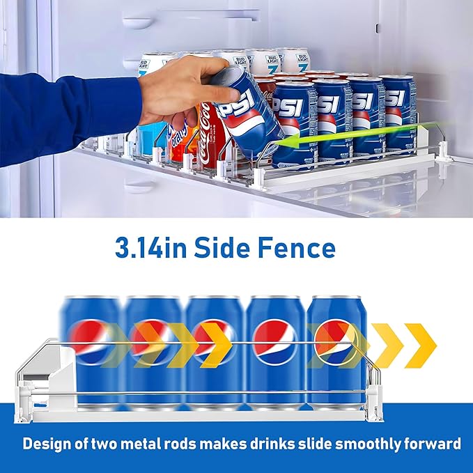Drink Organizer for Fridge, Soda Can Organizer Dispenser for Refrigerator with Automatic Pusher Glide, Width Adjustable Clear Dividers Can Holder for 25 Cans, 15''D x16.6''W, 5 Rows