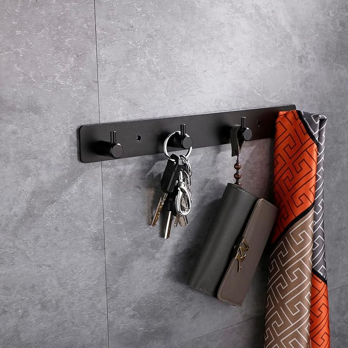 Black 4 Wall Hooks, Matte Black Bathroom Hook Rail, Self Adhesive Key Hook Rack Hanger Towel Robe Stick Hooks for Toilet Entryway Hallway Kitchen Wall Mounted-NeatNest