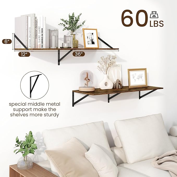 Fun Memories Floating Shelves for Wall, 12 Inch Deep Floating Shelves Set of 2, 36W x 12D Large Wall Shelf with Sturdy Metal Brackets for Living Room, Bathroom, Bedroom and Kitchen, Rustic Brown-NeatNest
