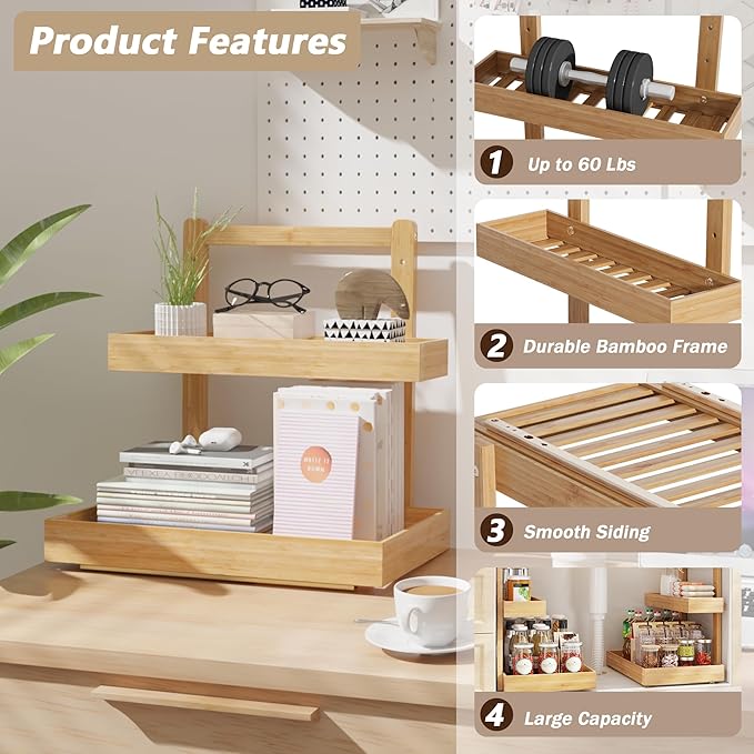 Bamboo Under Sink Organizer and Storage, 2 Tier Pull Out Cabinet Organizer, Slide Out Under Sink Storage Shelf, Undersink Organizers Shelves for Kitchen Bathroom Organization (Nature, 1 Pack)-NeatNest