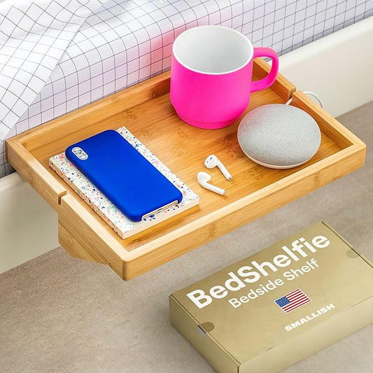 BedShelfie Bedside Shelf for Bunk Bed & Top Bunk, College Dorm Room Essentials, Loft Nightstand, Floating Bed Side Table Tray Storage, Dorm Room Decor, College Dorm Essentials - Original Natural Wood-NeatNest