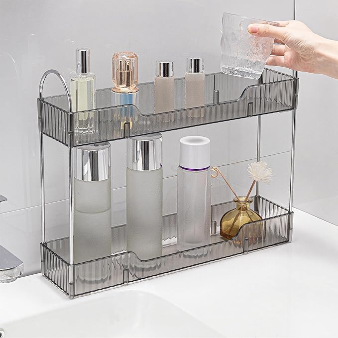 YCIA&DONE 2 Tiers Narrow Vanity Makeup Organizer, Bathroom Organizers Countertop Slim, Perfume Holder Skincare Storage Cosmetic Shelf Spice Rack, for Small Desktop Counter Space, Smoky Gray-NeatNest