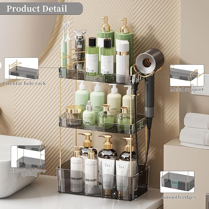 YCIA&DONE Bathroom Counter Organizer, Large Makeup Organizer Countertop, Shelf Storage, Vanity Tray, Easily Assemble for Bathroom Organizers and Storage, Undersink, Cabinet, 3 Tiers Grey-NeatNest