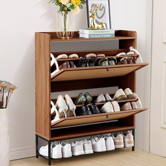 LEVNARY Shoe Storage Cabinet with 2 Flip Drawers, Wooden Narrow Shoe Cabinet Storage for Entryway, Freestanding Shoe Rack Organizer Cabinet with Metal Legs for Hallway (1, Walnut)-NeatNest