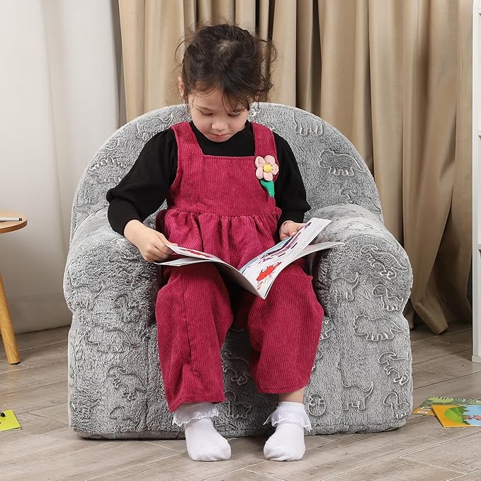 Dinosaur Glow in The Dark Kids Sofa with Star Throw Pillow, High Back Toddler Chair Glow in The Dark for Boys and Girls, Grey-NeatNest