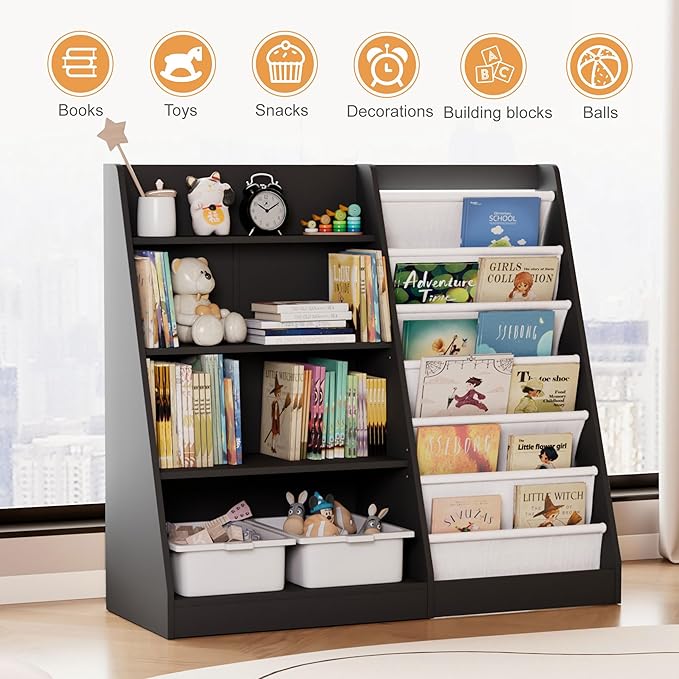 Black Kids Bookshelf Wood Toy Storage Organizer Cabinet Children Bookcase Toddler Baby Sling Book Rack Adjustable Shelf for Playroom Bedroom Nursery Hallway School Kindergarten-NeatNest