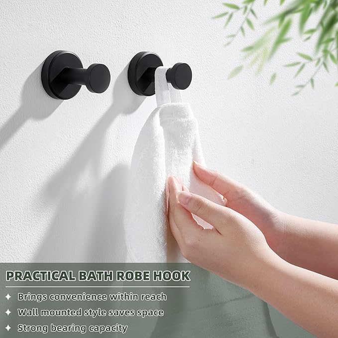 APLusee Matte Black Robe Towel Hook for Bathroom, 2 Pack Stainless Steel Coat Hooks, Heavy Duty Wall Hangers Wall Mounted