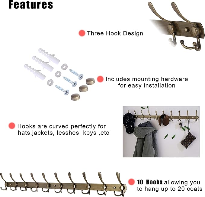 Dseap Coat Rack Wall Mount - 38” Long 10-Tri-Hooks Heavy Duty Coat Hanger Rail Wall Hooks for Hanging Coats Hats Clothing Clothes Purse Mudroom Entryway, Bronze, Pack of 2-NeatNest