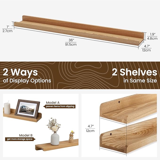 Floating Shelves for Wall 36 Inch | Picture Ledge Shelf Set of 2 | Solid Ash Wood Floating Shelves with Lip | Natural Wood Picture Shelf for Wall with Ledge | Photo Ledge Shelves-NeatNest