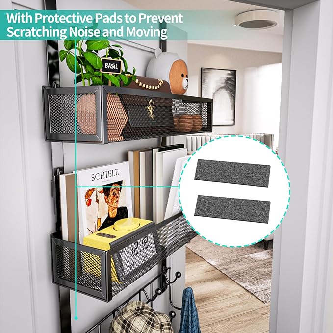 HapiRm Over The Door Hanger with Coat Hooks and 2 Baskets, Rustproof & Waterproof Over The Door Hooks, Storage Organizer for Hats, Bathroom, Kitchen, Bedroom-Black (for 1.76in Doors)