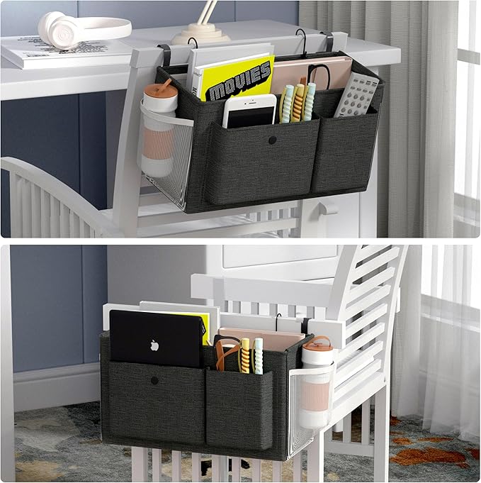 Bedside Caddy Bedside Organizer with Fixed Straps & Water Bottle Holder, Bunk Bed Caddy ideal for Home, Dorm, Hospital, Crib, Versatile Bedside Storage Solution (Black 2pcs)-NeatNest
