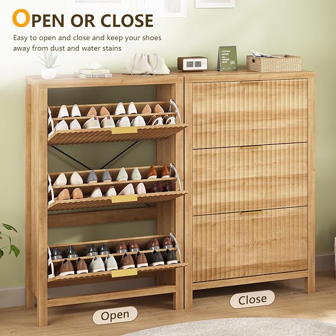 Shoe Cabinet Storage for Entryway, Fluted Shoe Cabinet with 3 Flip Drawers, Hidden Shoe Rack Tall Freestanding Shoe Organizer with Legs for Hallway, Wood-NeatNest
