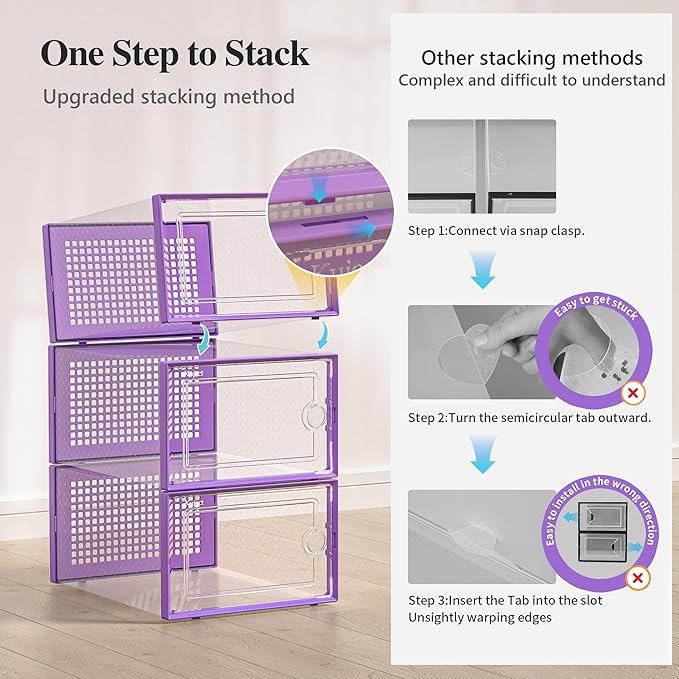 Kuject X-Large Shoe Storage Boxes Organizers Clear Plastic Stackable 12 Pack, Shoe Rack & Holder Substitute, Sneaker Containers, Toy Storage Organizer Bins for Entryway, Closet, Under Bed, Purple-NeatNest