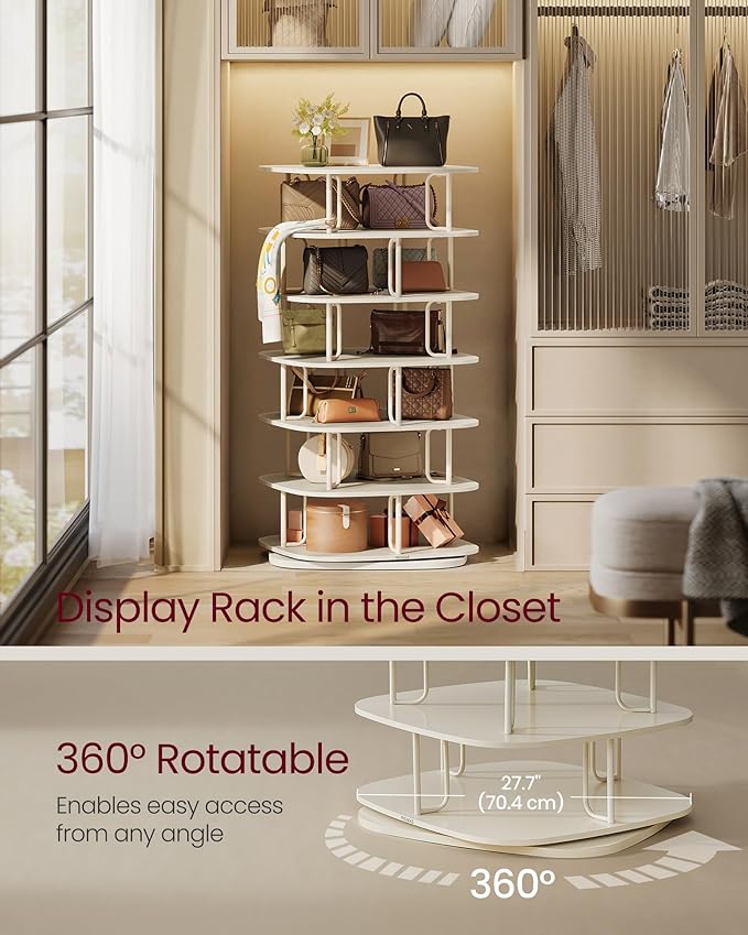 VASAGLE 7-Tier Shoe Rack, Rotating Shoe Rack Tower, Shoe Closet Organizer, Shoe Shelf, 28-35 Pairs, 23.6 x 23.6 x 47.2 Inches, for Entryway, Living Room, Closet, Cream White ULBS041W01-NeatNest