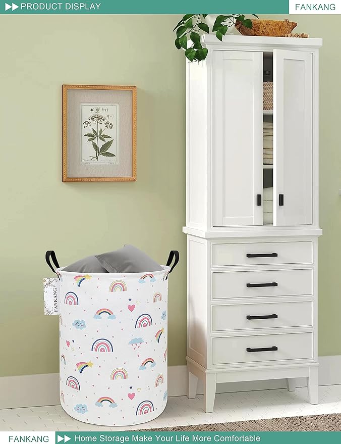FANKANG Storage Basket, Nursery Hamper Canvas Laundry Basket Foldable with Waterproof PE Coating Large Storage Baskets for Kids Boys and Girls, Office, Bedroom, Clothes,Toys(Love Rainbow )