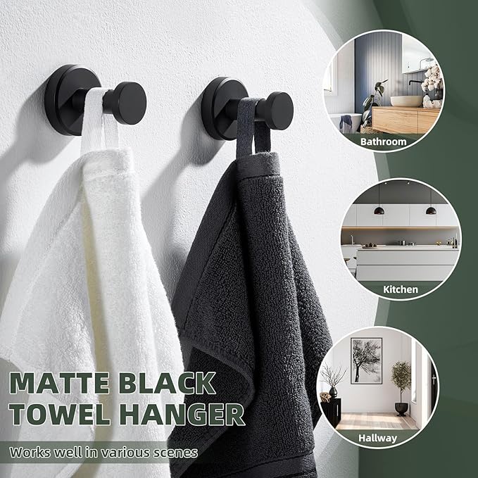 APLusee Matte Black Robe Towel Hook for Bathroom, 2 Pack Stainless Steel Coat Hooks, Heavy Duty Wall Hangers Wall Mounted