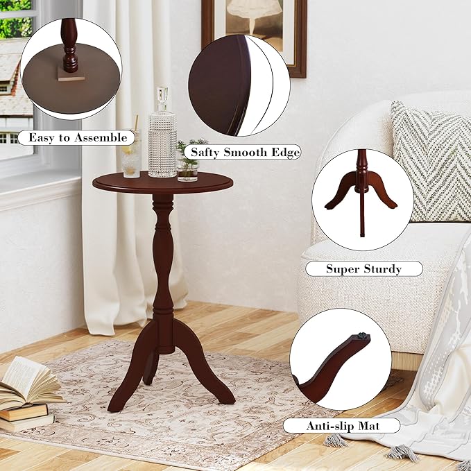 HLR Round Small End Table Set of 2, Wooden Pedestal Side Coffee Table, 2pcs Vintage Accent Nightstand for Living Room, Bedroom, Entryway, Dark Brown