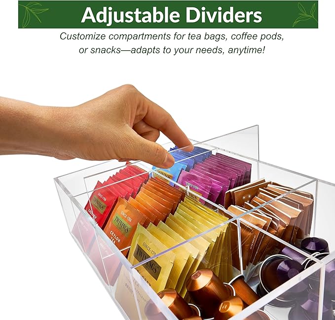 Acrylic Tea Bag Organizer - Clear Tea Storage Box, K Cup Coffee Pods Holder with 8 Compartments, Tea Station Organizer for Countertop, Modern Tea Display Stand-NeatNest