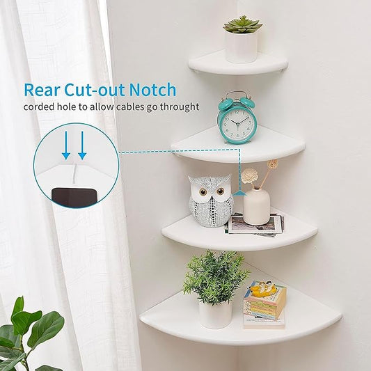Corner Shelves, Floating Corner Shelf, Set of 2 White Solid Oak Wood Wall Shelves, Round End Wall Mount with Wire Hole Shelving for Small Plant for Bedroom Kitchen, Living Room 8.7"-NeatNest