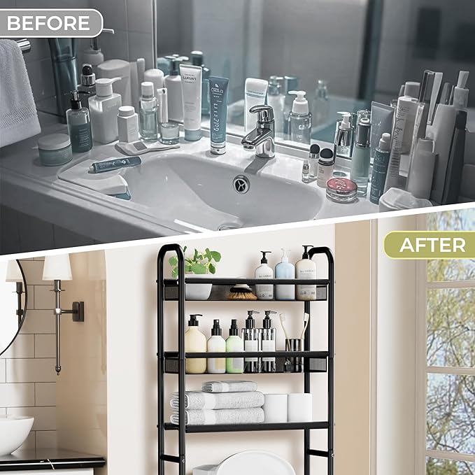3 Tier Over The Toilet Storage Shelf, Freestanding Over The Toilet Rack, Space Saver Metal Bathroom Organizers and Storage for Small Space, Above The Toilet Storage Shelf Stand Organizer