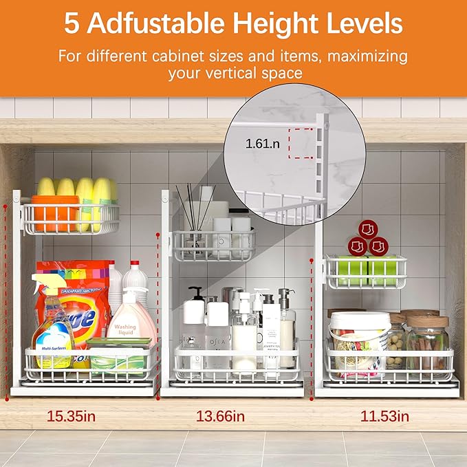 Under Sink Organizer, Adjustable Height Pull-Out Kitchen Storage Organization,15.8" x 11.8" x 16.5",2-Tier Kitchen Shelf,Bathroom Drawer Organizer, White-NeatNest