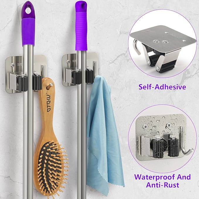 Broom Holder Wall Mount Screw Drilling, Sturdy Heavy Duty Stainless Steel Mop Gripper Rack Perforated, Perfect for Laundry Room Organizer, Fit with Laundry Kitchen Garage Garden Storage System-NeatNest