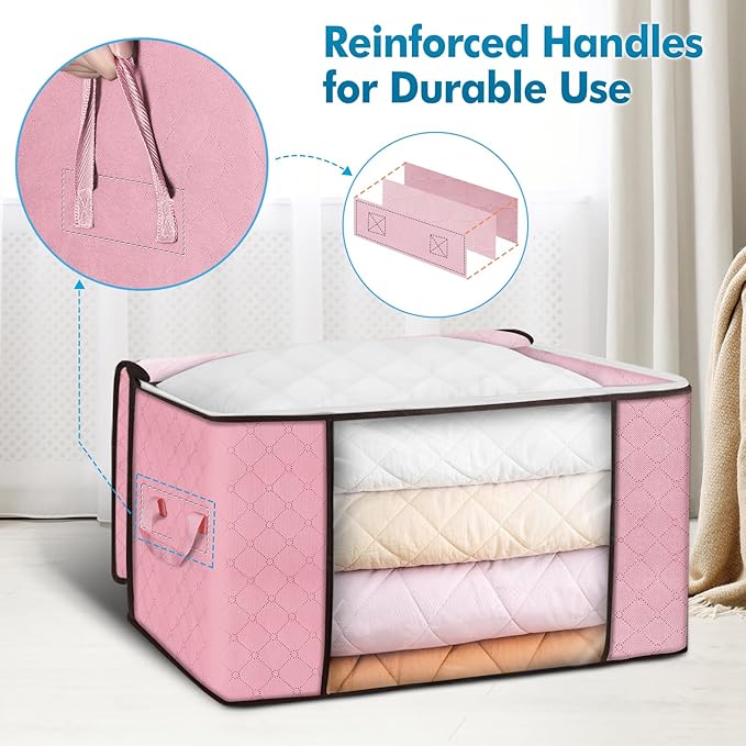 90 L Large Storage Bags, 8 Pack Clothes Storage Bins Foldable Closet Organizer Storage Containers with Durable Handle Storage and Organization, Blanket, Comforters, Bed Sheets, Pillows and Toys (Pink)-NeatNest