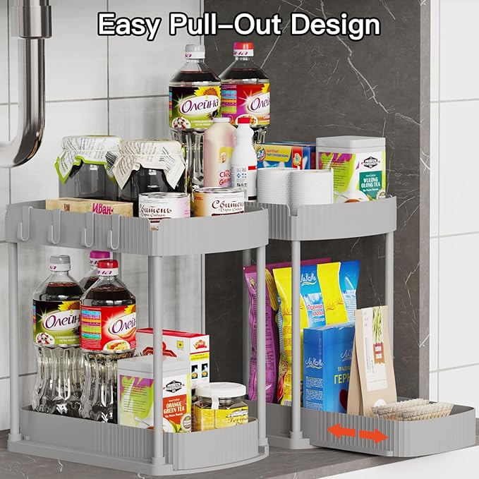 2 Pack Multi-Purpose Pull-Out Storage Organizers, Under Sink Organizers and Storage for Bathroom & Kitchen, Under Cabinet Organizers and storage, 14.8 Inch, Grey-NeatNest
