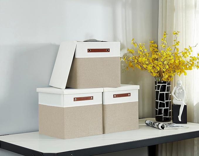 DECOMOMO Storage Basket with Lid, Storage Cubes with Handles, Fabric Box with Lid (Beige and White, 11” / 3 Pack)-NeatNest