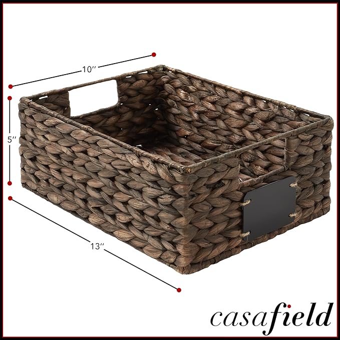 Casafield Set of 4 Water Hyacinth Pantry Baskets, 10" x 13" x 5", with Chalkboard Labels and Chalk Marker - Espresso, Woven Storage Bin Organizers for Kitchen Shelves-NeatNest