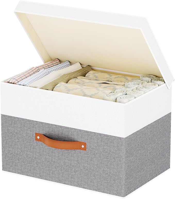 Fabric Storage Boxes with Lids, Linen Foldable Cloth Baskets, 17.7 x 11.8 x 11.8 Inch Closet Organizer Containers with Double Handles, Sweater Bins for Bedroom, White and Grey, 1 Pack-NeatNest