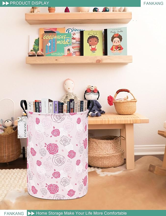 FANKANG Storage Basket, Nursery Hamper Canvas Laundry Basket Foldable with Waterproof PE Coating Large Storage Baskets for Kids Boys and Girls, Office, Bedroom, Clothes,Toys(Pink roses)