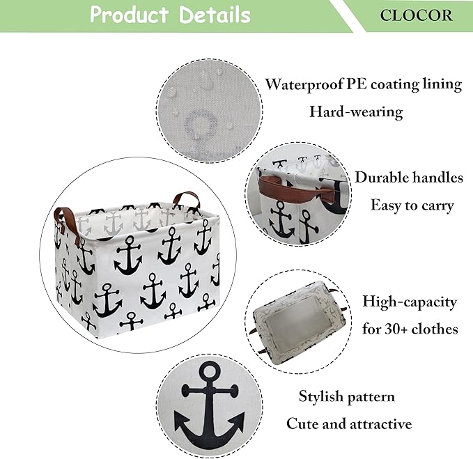 CLOCOR Rectangular Storage Basket,Collapsible Cute Pattern Storage Bin,Waterproof Coating Storage Box with Handles ,Gift Baskets, Shelf Basket (Anchor)-NeatNest
