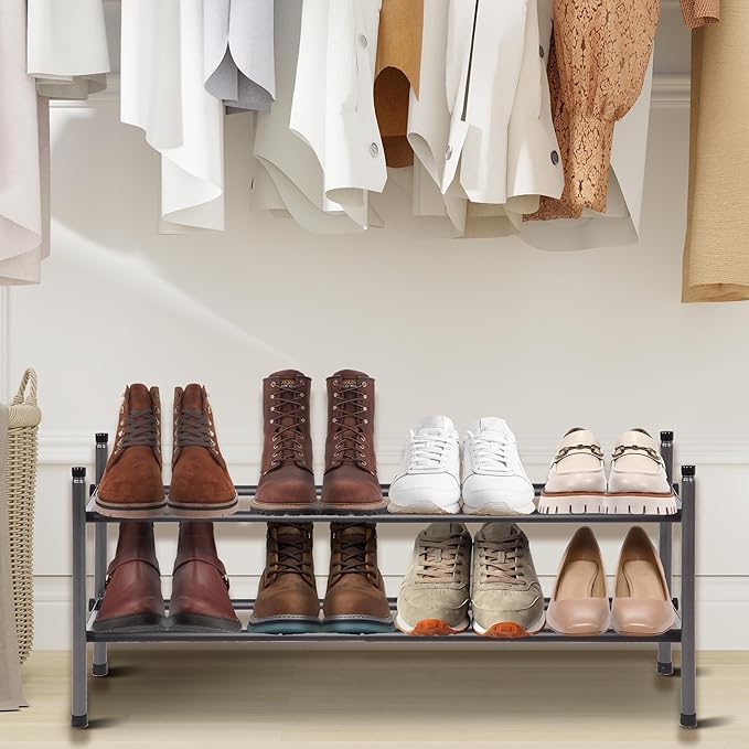Shoe Rack, Expandable Shoe Storage Organizer for Closet, 2 Tier Metal Shoe Rack for Entryway, Adjustable Small Shoe Shelf for Front Door Entrance, Small Space, Garage-NeatNest