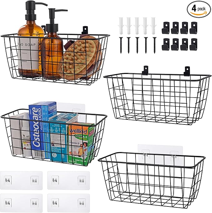 LIGHT DUST Wire Hanging Wall Basket, 4 Black Baskets Set, Adhesive Wall Mount Organizer for Pantry Kitchen RV Bathroom Cabinet Storage Organization-NeatNest