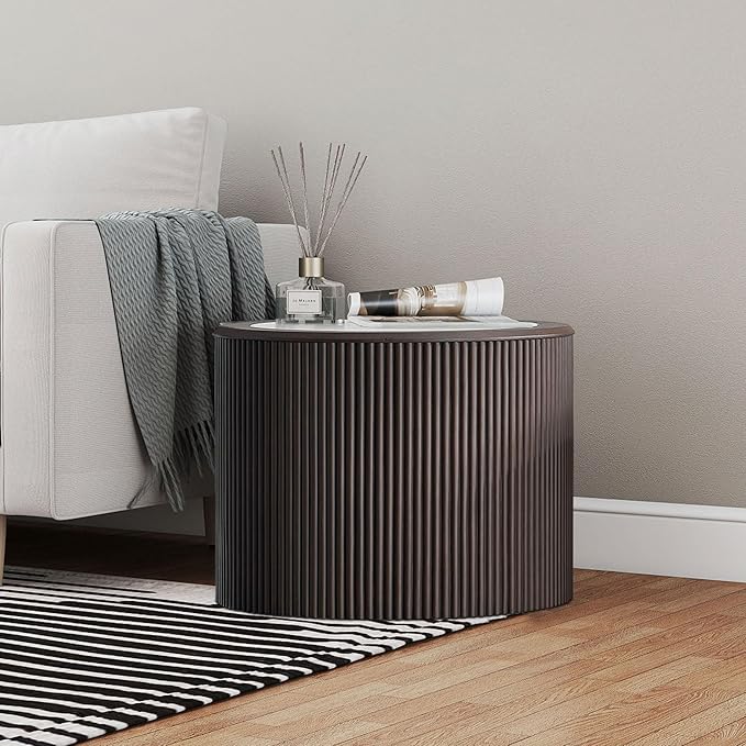 kevinplus Round Faux Marble Side Table Wood End Table for Living Room, Modern Contemporary Embossment Fluted Style, No Assembly (Dark Brown, ø23.62'' x 18.5'')