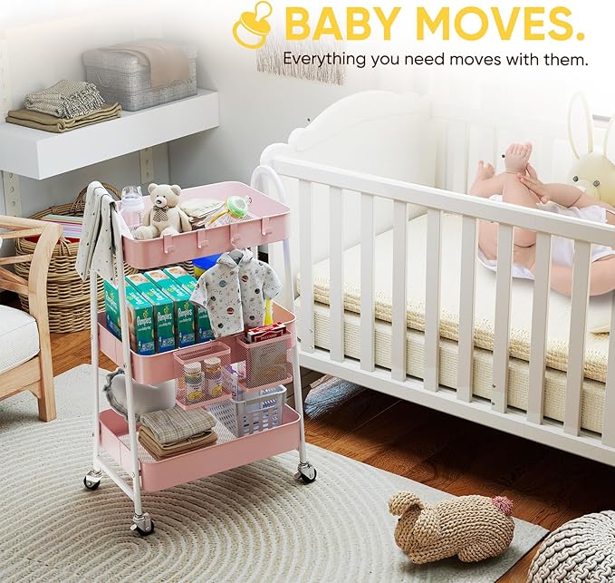 Sekey 3 Tier Rolling Cart Metal, Easy Install Utility Cart on Wheels, Hanging Cups & Hooks, Heavy Duty Storage Cart with Lockable Wheels for Baby Nursery, Bathroom, Kitchen, Laundry Room, Pink