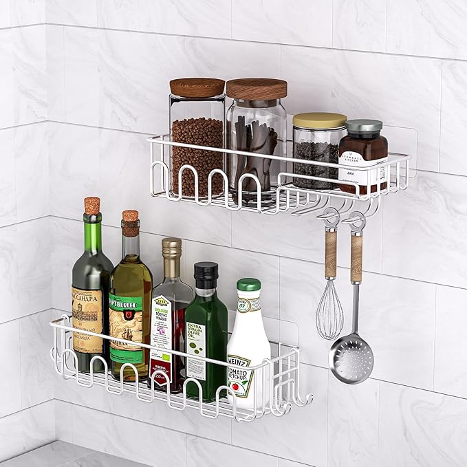 Adhesive Shower Caddy: 2 Bonus Hooks, 4-Pack Wall Mounted Bathroom Storage Shelf, Rustproof Metal Basket Organizer for Kitchen & Bathroom No Drill Silver