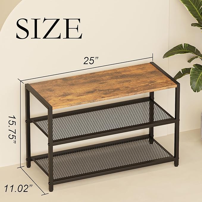 Shoe Rack, 3-Tier Shoe Shelf with Dense Metal Mesh, Durable Industrial Freestanding Shoe Rack for Front Door Entrance, Hallway, Entryway, Living Room, Bathroom (25" Dx11.02 W x15.75 H)-NeatNest