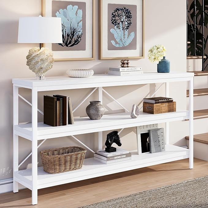 karlott 3-Tier Console Table, 55.1" Entryway Table with Metal Frame and Open Shelves, Modern Behind Couch Sofa Table for Living Room, Hallway, Foyer, Entrance, Industrial, Bookshelf, White-NeatNest