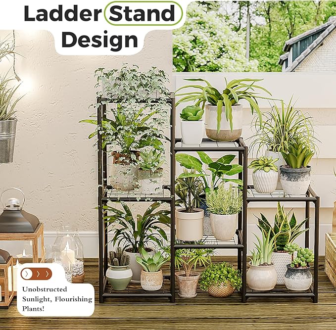 Bamworld Black Plant Stand Outdoor Metal Plant Shelf for Multiple Plants 3 Tiers Ladder Plant Holder Waterproof for Garden Living Room Patio Morden Home Decor Gardening Gifts