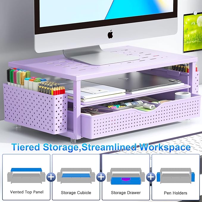 gianotter Desk Organizers and Accessories, Monitor Stand with Drawer and 2 Pen Holder, Purple Desk Accessories, Computer Stand Suitable for Offices and Dormitories (Purple)-NeatNest
