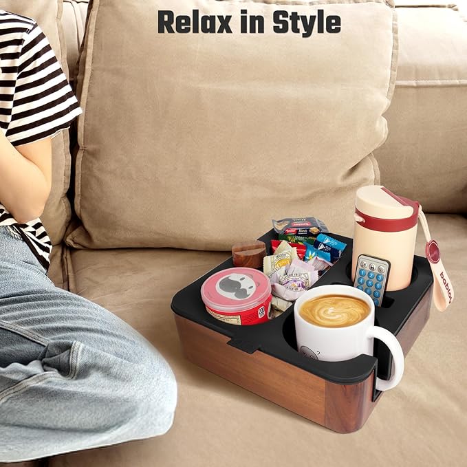 Couch Cup Holder Tray, Real Acacia Wooden Caddy with Soft Silicone, Snack and Drink Organizer- Perfect Movie Night Accessories for Bed, Remote and Cup Holders for Sofa (Black)-NeatNest