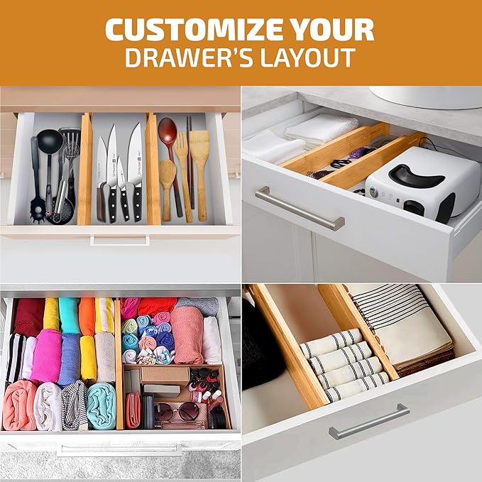 4 Pack Drawer Dividers Bamboo 2.6" High, 16-22" Adjustable Drawer Organizers for Clothes, Expandable Dresser Separators in Bedroom/Bathroom/Kitchen/Office Organization and Storage (Natural)-NeatNest