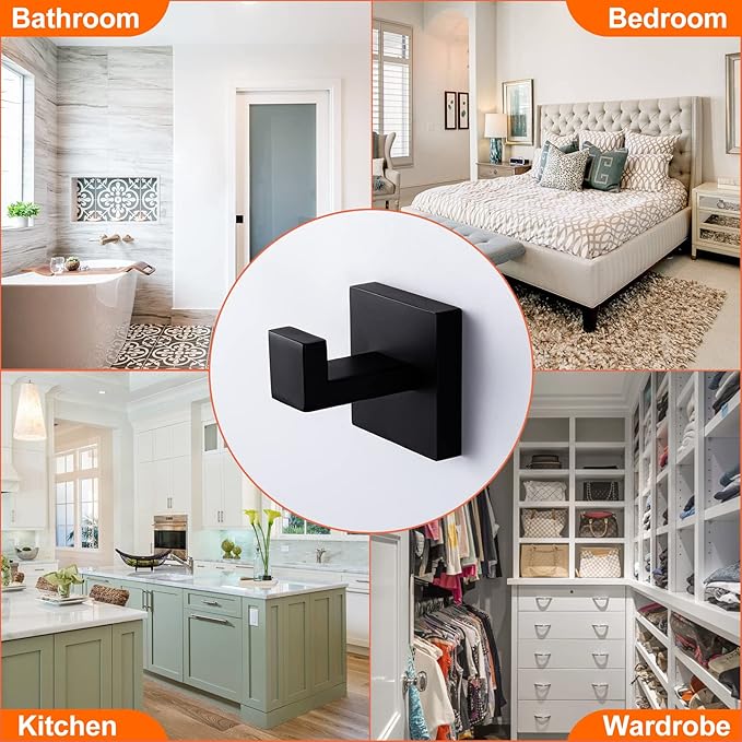 Bath Towel Hook Black,2 Pack Robe Hook for Bathroom Matte Wall Mounted Heavy Duty Hook 304 Stainless Steel Coat Hooks for Bathroom Kitchen(Matte Black)