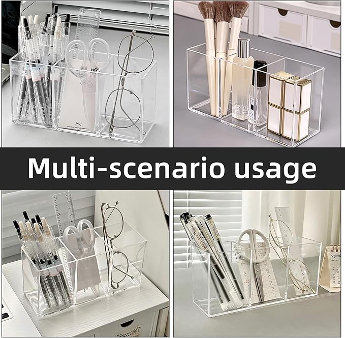 Acrylic Makeup Brush Holder, 2 Pack Clear Pencil Holder, Desk Accessories Holder with 3 Compartments, Brush Organizer for Vanity, Desk, Cosmetic Display-NeatNest