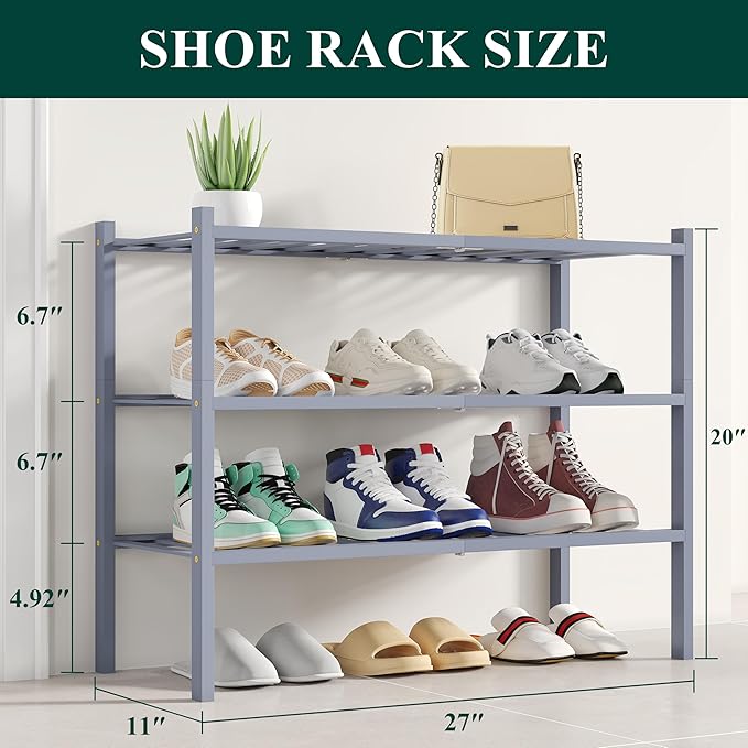 Smiry Shoe Rack, 3 Tier Bamboo Shoe Organizer, Stackable Free Standing Wooden Shoe Storage Shelf for Closet, Entryway, Front Door Entrance, Grey-NeatNest
