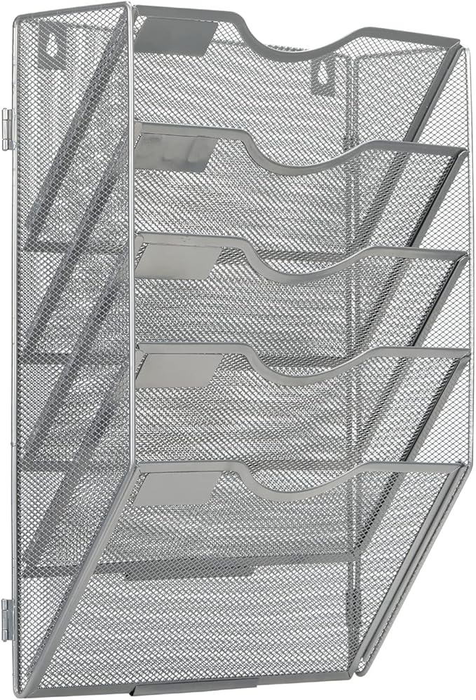 EasyPAG 5 Pocket Wall File Organizer, Silver | Metal Mesh Wall Mounted File Holder | Assembly Hanging Mail Organizer | Replaceable Classify Labels | Office Home Letter Size Paper Storage
